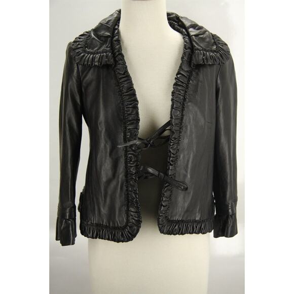 Valentino Black Leather Runway Ruffle Jacket Size Small $1990 Italy Women's Coat